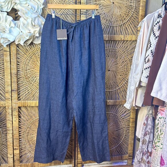 Eskandar NEW Drawstring Trouser Navy Blue Two-Toned Striated Linen Pant Size 2 - Picture 3 of 10